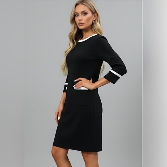 Black Two-Tone Trim Fitted Dress - Picture 5 of 9